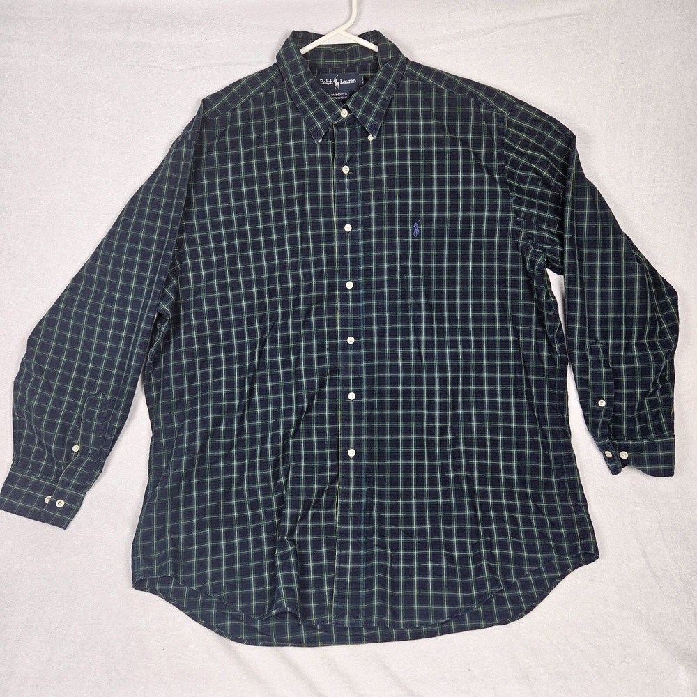 Ralph Lauren Yarmouth‎ Long Sleeve Green/Blue Plaid Button Down sz 17 (34/35)